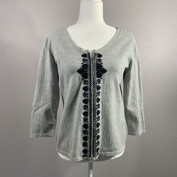 J. Jill Women's Gray With Black Embroidered 3/4 Sleeve Zip-Up‎ Cardigan Small - Picture 1 of 9